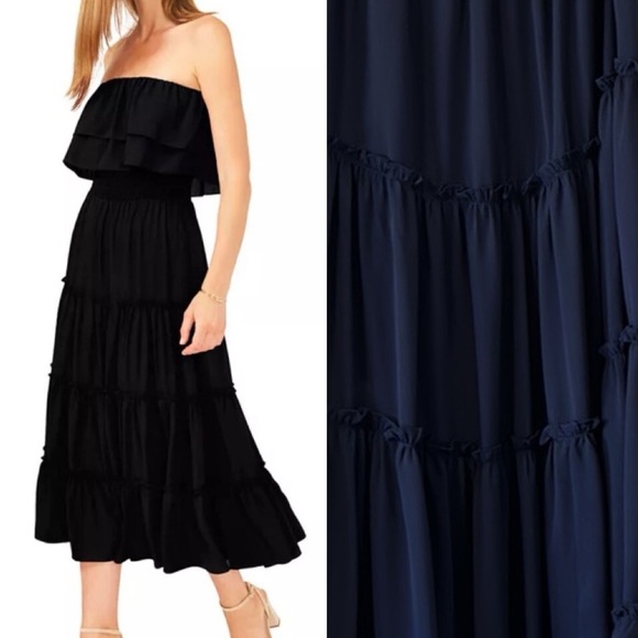 1.STATE | Women's Strapless Ruffle Tiered Maxi Midi Dress Navy Blue Medium - Picture 1 of 10